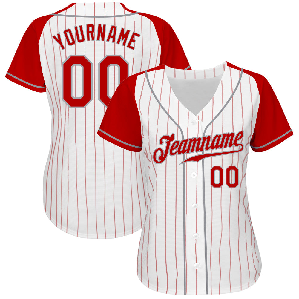 Custom White Red Pinstripe Red-Gray Authentic Raglan Sleeves Baseball Jersey view 2