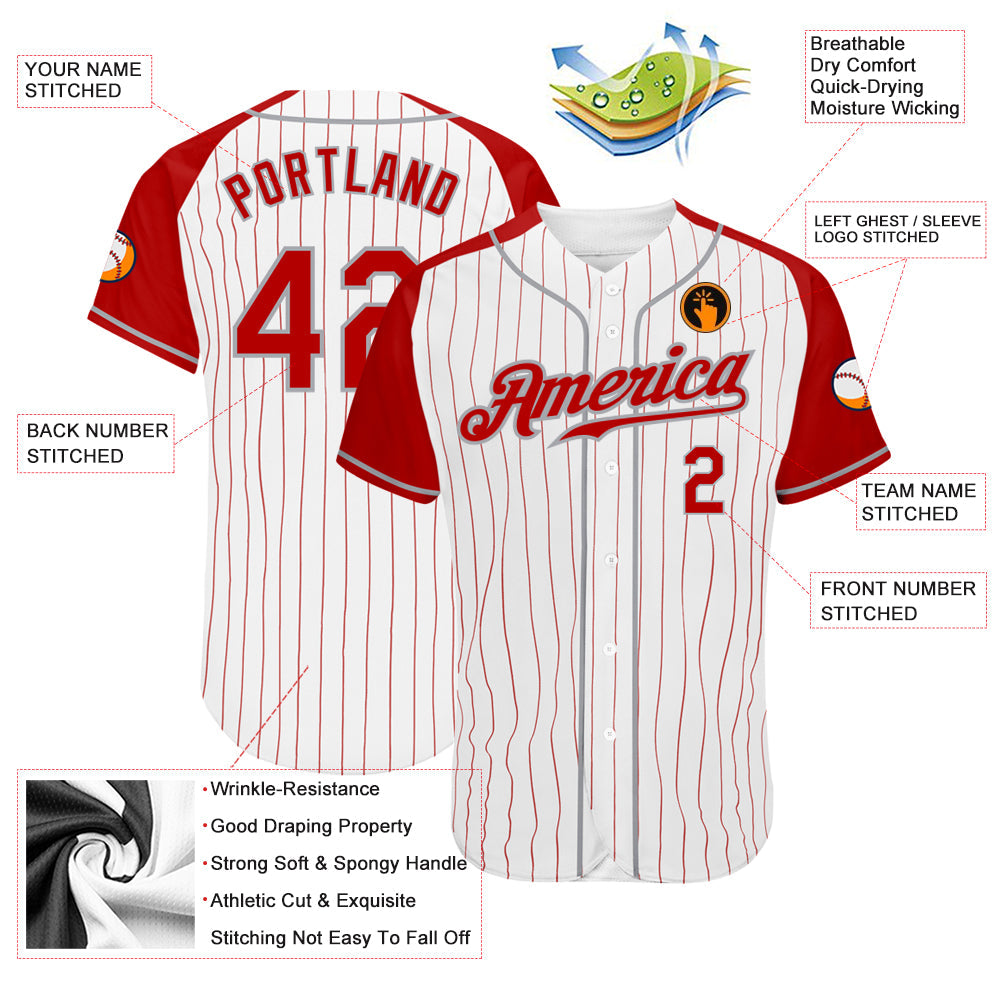 Custom White Red Pinstripe Red-Gray Authentic Raglan Sleeves Baseball Jersey view 3