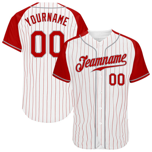 Custom White Red Pinstripe Red-Gray Authentic Raglan Sleeves Baseball Jersey - Main View