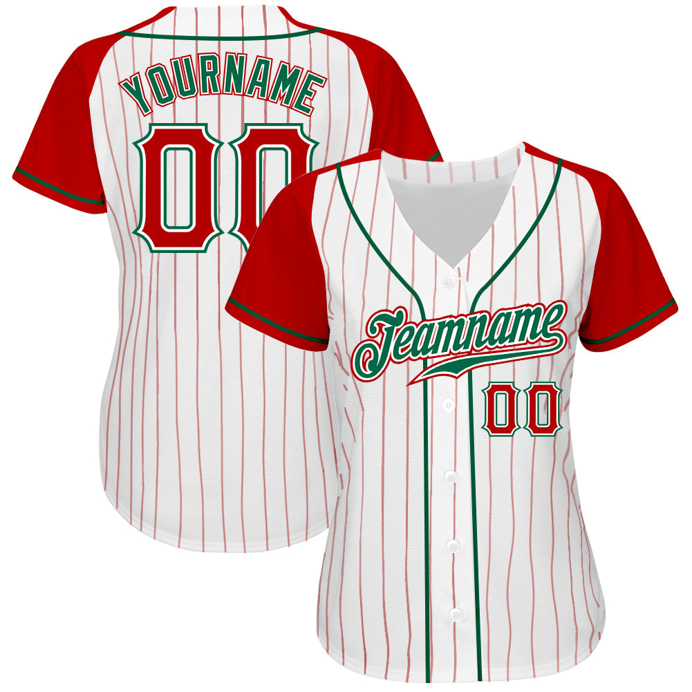 Custom White Red Pinstripe Red-Kelly Green Authentic Raglan Sleeves Baseball Jersey view 2