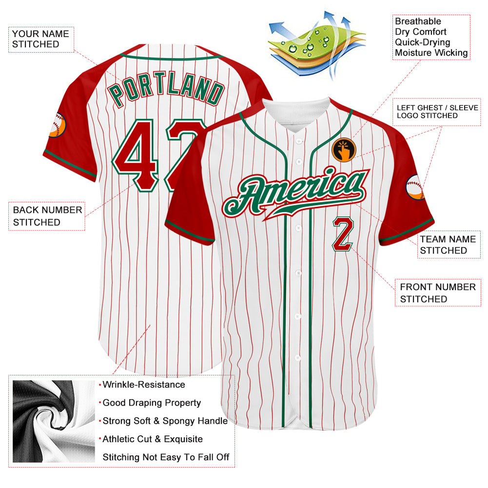 Custom White Red Pinstripe Red-Kelly Green Authentic Raglan Sleeves Baseball Jersey view 3