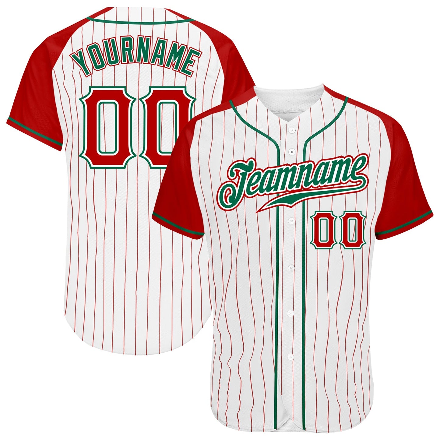 Custom White Red Pinstripe Red-Kelly Green Authentic Raglan Sleeves Baseball Jersey - Main View