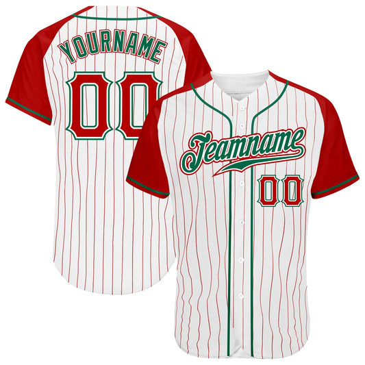 Custom White Red Pinstripe Red-Kelly Green Authentic Raglan Sleeves Baseball Jersey - Main View