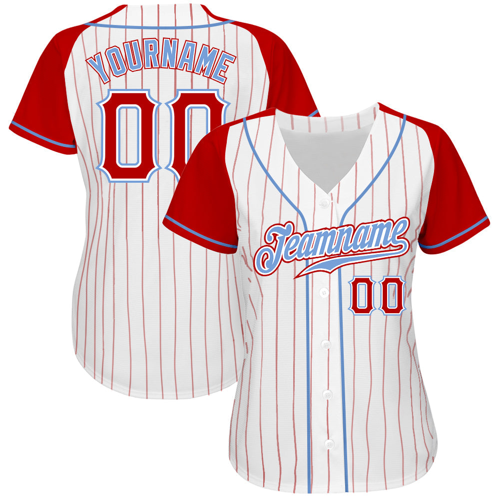 Custom White Red Pinstripe Red-Light Blue Authentic Raglan Sleeves Baseball Jersey view 2