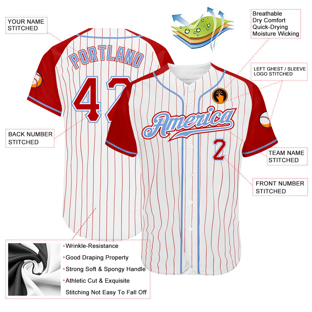 Custom White Red Pinstripe Red-Light Blue Authentic Raglan Sleeves Baseball Jersey view 3