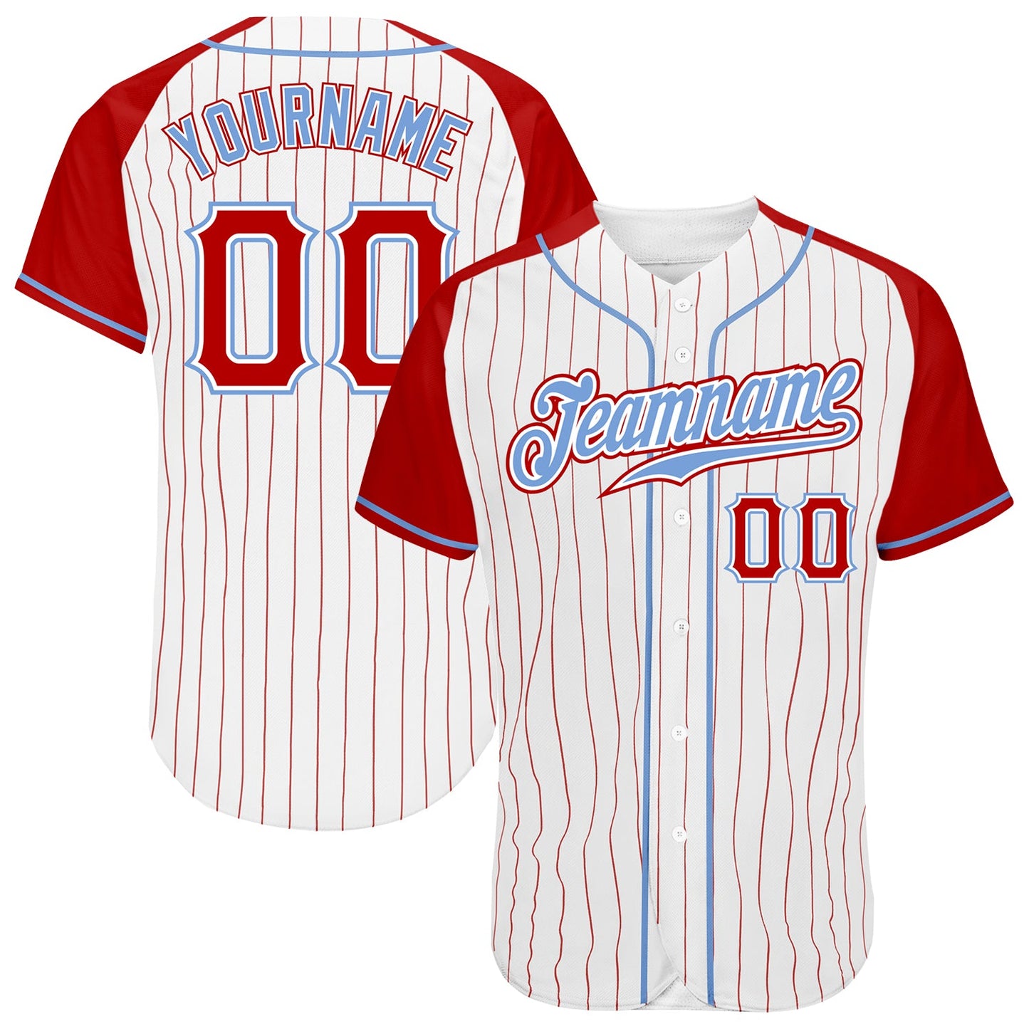 Custom White Red Pinstripe Red-Light Blue Authentic Raglan Sleeves Baseball Jersey - Main View