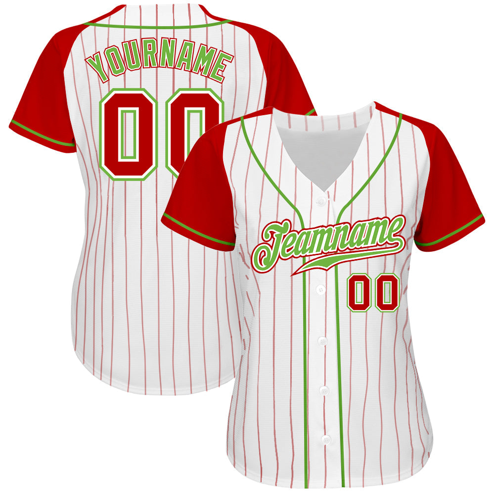 Custom White Red Pinstripe Red-Neon Green Authentic Raglan Sleeves Baseball Jersey view 2