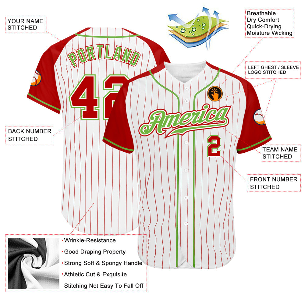 Custom White Red Pinstripe Red-Neon Green Authentic Raglan Sleeves Baseball Jersey view 3