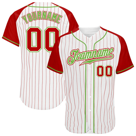 Custom White Red Pinstripe Red-Neon Green Authentic Raglan Sleeves Baseball Jersey - Main View
