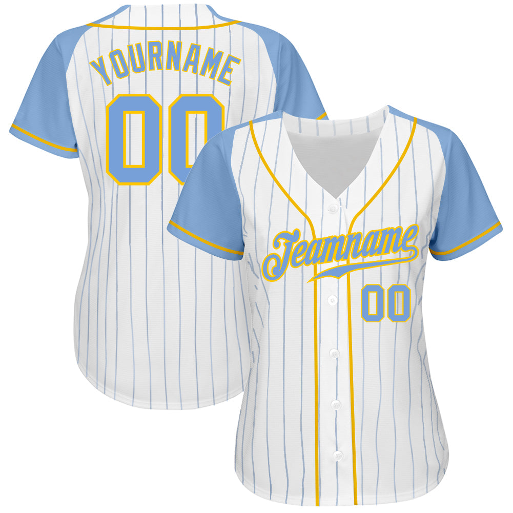 Custom White Light Blue Pinstripe Light Blue-Gold Authentic Raglan Sleeves Baseball Jersey view 2