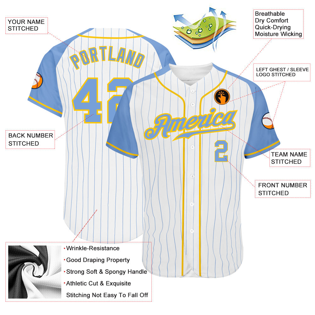 Custom White Light Blue Pinstripe Light Blue-Gold Authentic Raglan Sleeves Baseball Jersey view 3