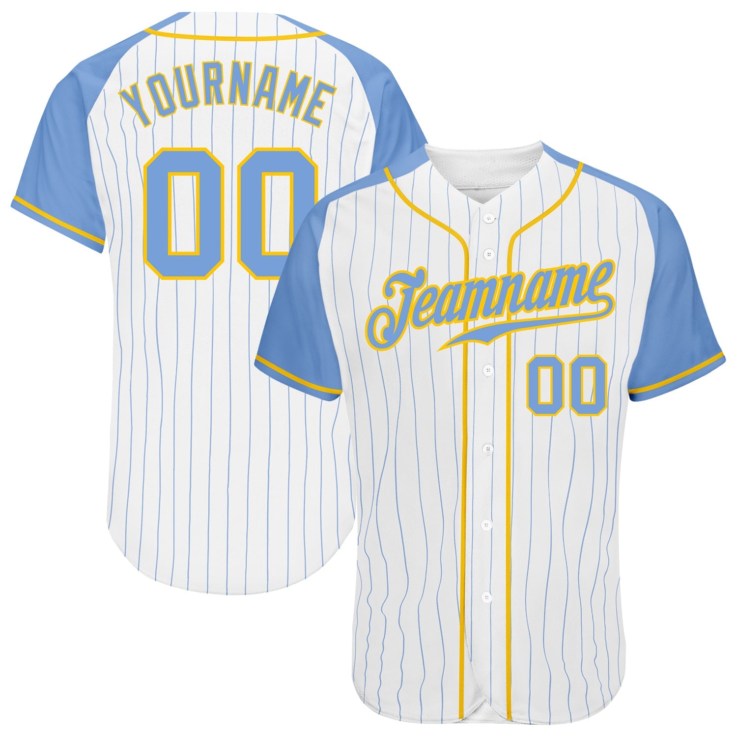 Custom White Light Blue Pinstripe Light Blue-Gold Authentic Raglan Sleeves Baseball Jersey - Main View