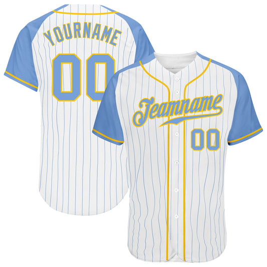 Custom White Light Blue Pinstripe Light Blue-Gold Authentic Raglan Sleeves Baseball Jersey - Main View