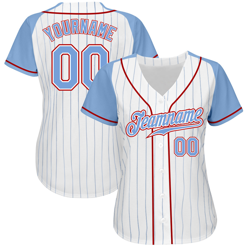 Custom White Light Blue Pinstripe Light Blue-Red Authentic Raglan Sleeves Baseball Jersey view 2