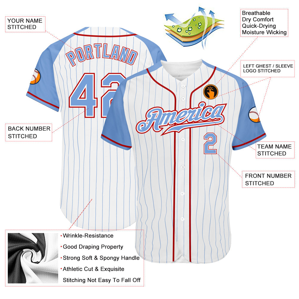 Custom White Light Blue Pinstripe Light Blue-Red Authentic Raglan Sleeves Baseball Jersey view 3