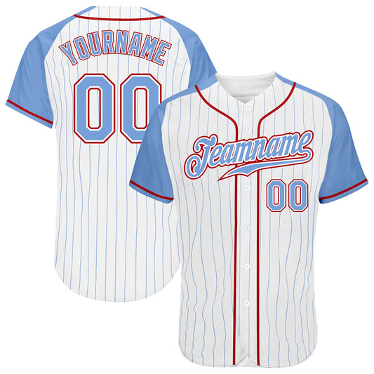 Custom White Light Blue Pinstripe Light Blue-Red Authentic Raglan Sleeves Baseball Jersey - Main View