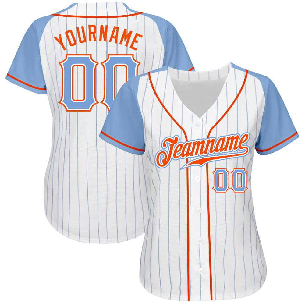 Custom White Light Blue Pinstripe Light Blue-Orange Authentic Raglan Sleeves Baseball Jersey view 2