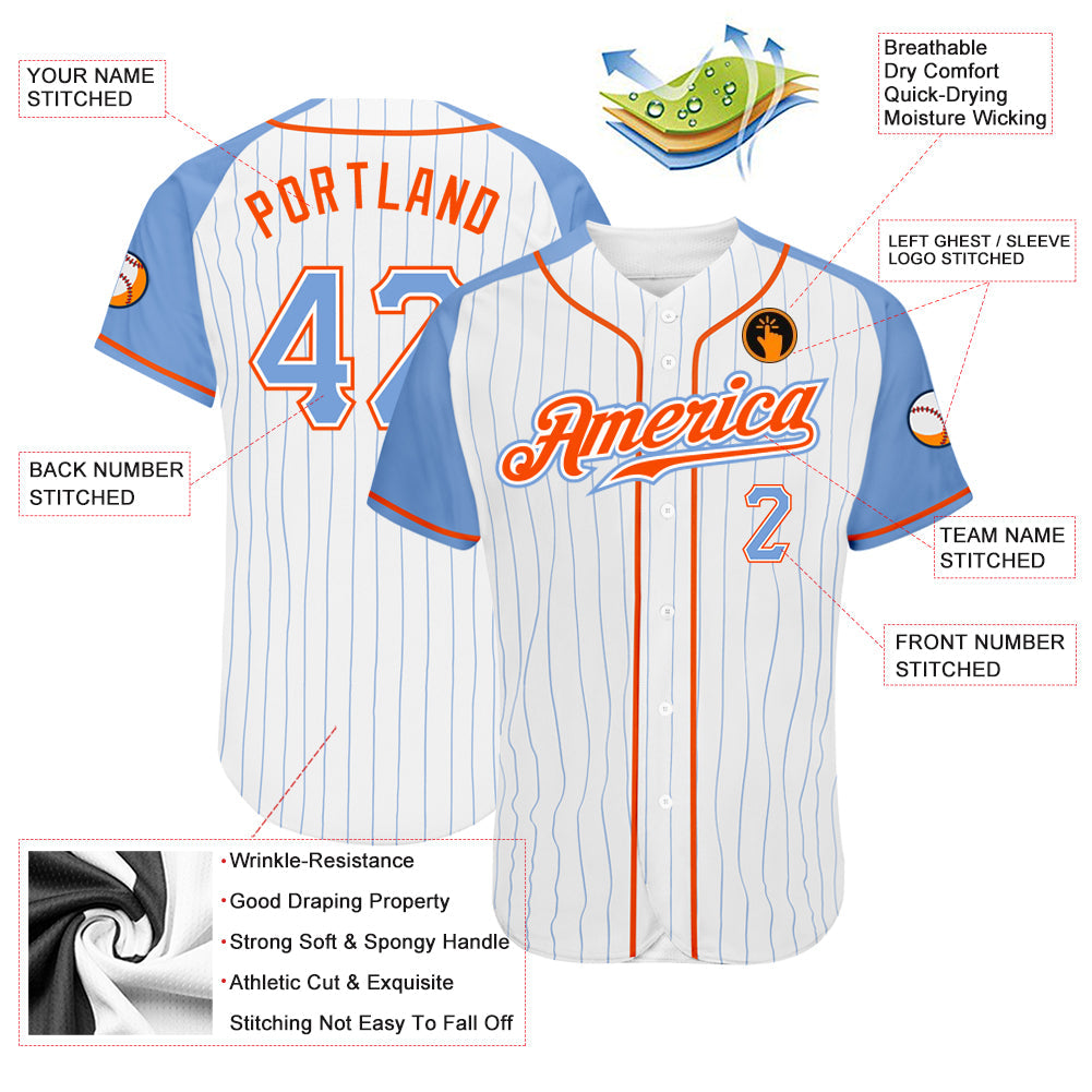 Custom White Light Blue Pinstripe Light Blue-Orange Authentic Raglan Sleeves Baseball Jersey view 3