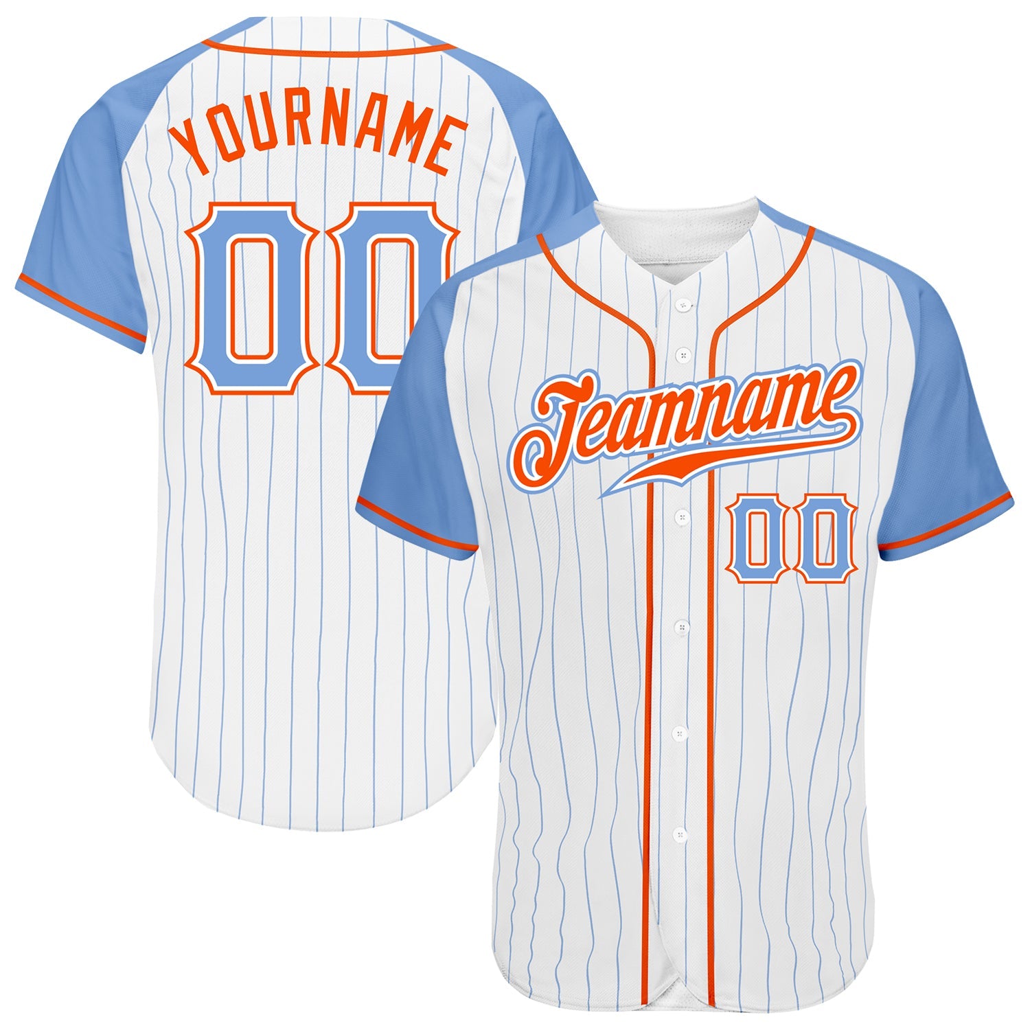 Custom White Light Blue Pinstripe Light Blue-Orange Authentic Raglan Sleeves Baseball Jersey - Main View