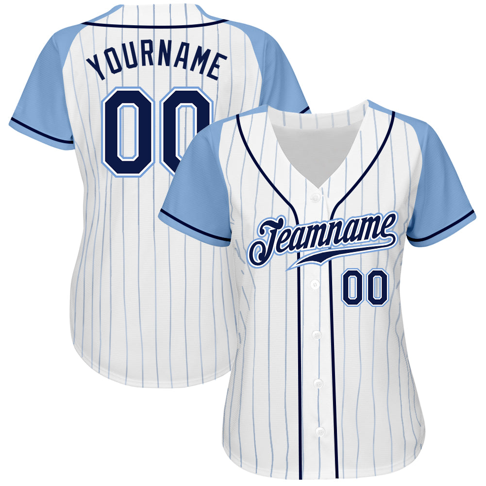 Custom White Light Blue Pinstripe Navy-Light Blue Authentic Raglan Sleeves Baseball Jersey view 2