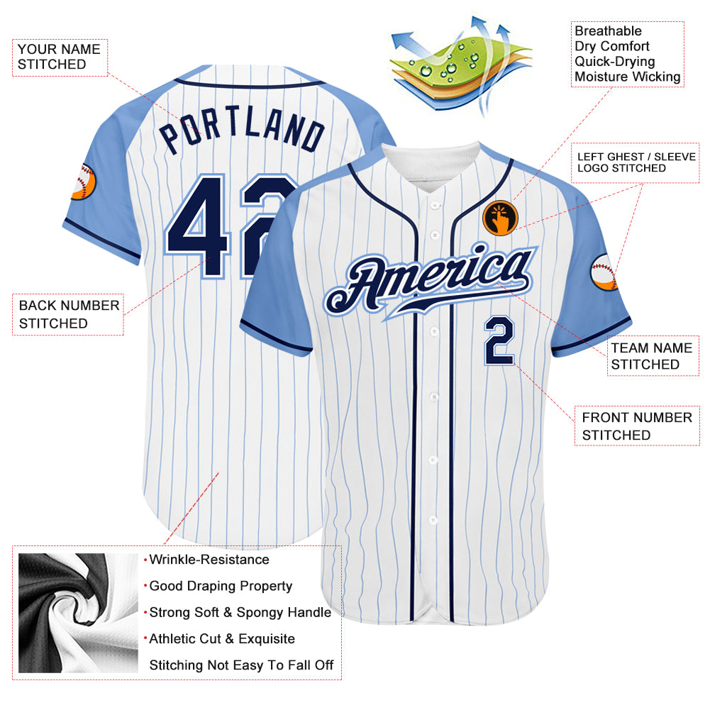 Custom White Light Blue Pinstripe Navy-Light Blue Authentic Raglan Sleeves Baseball Jersey view 3