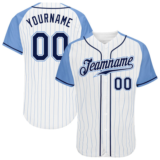 Custom White Light Blue Pinstripe Navy-Light Blue Authentic Raglan Sleeves Baseball Jersey - Main View