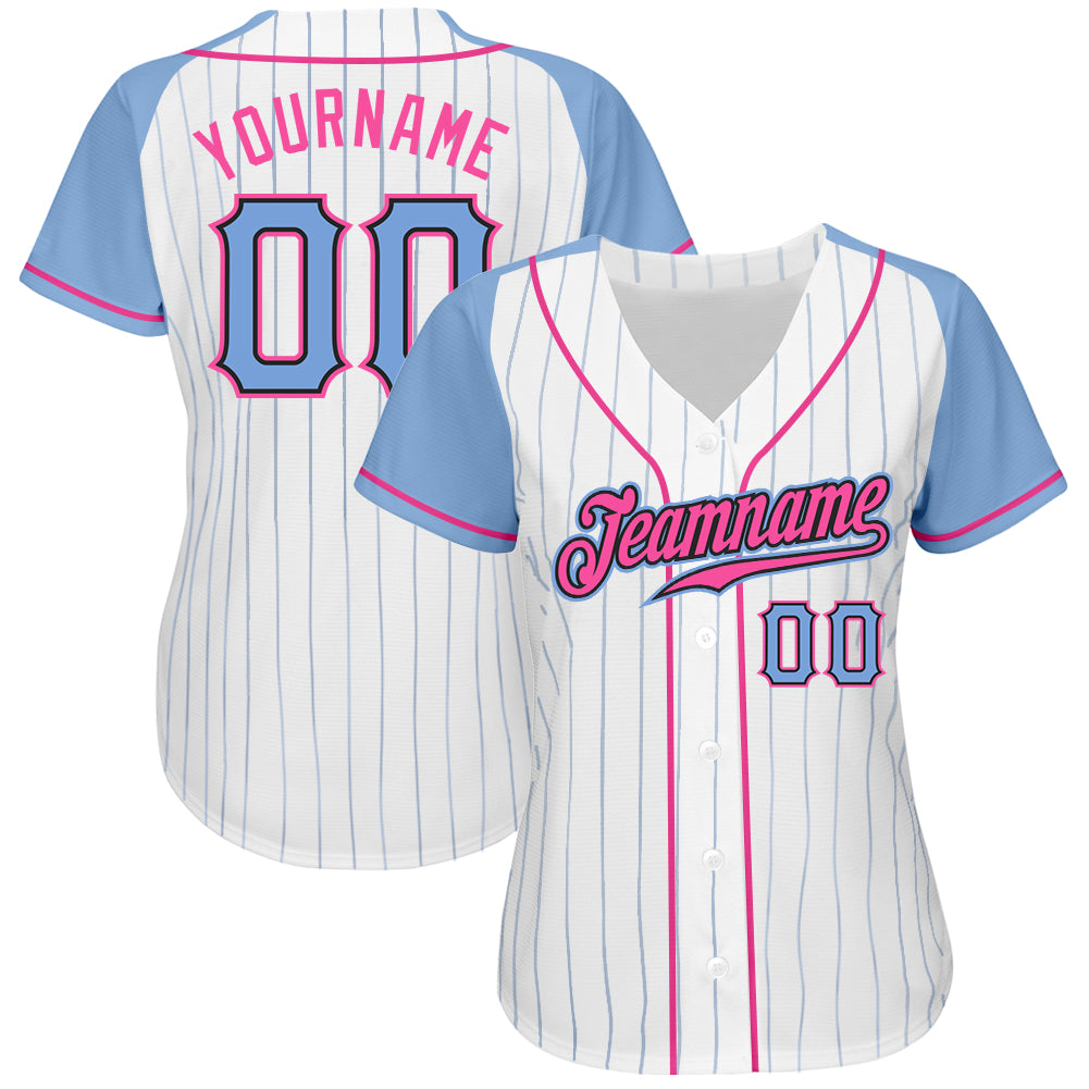 Custom White Light Blue Pinstripe Light Blue-Pink Authentic Raglan Sleeves Baseball Jersey view 2
