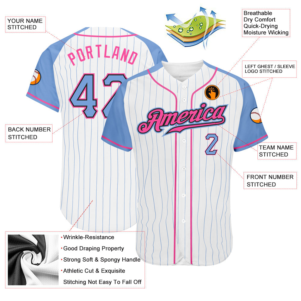 Custom White Light Blue Pinstripe Light Blue-Pink Authentic Raglan Sleeves Baseball Jersey view 3