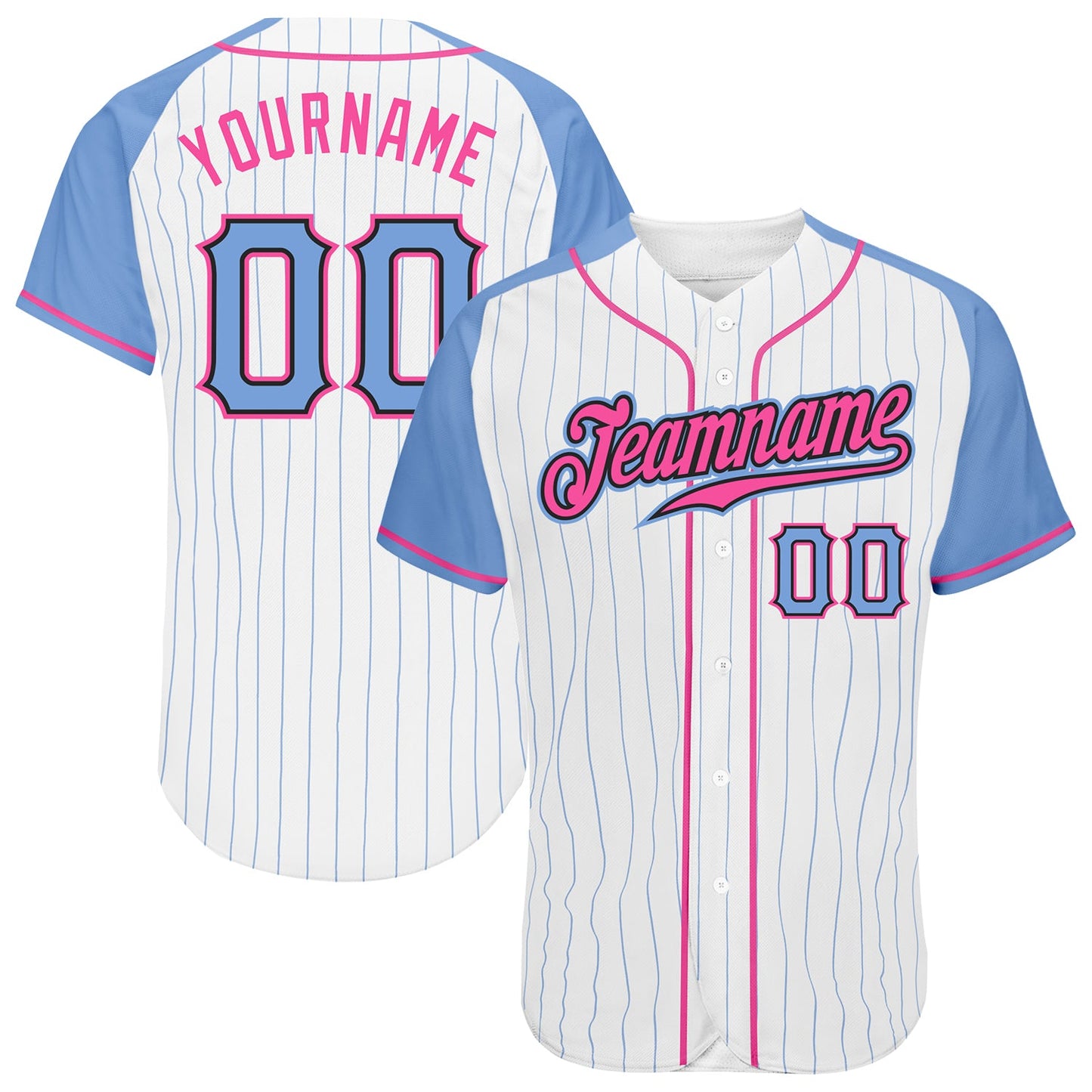 Custom White Light Blue Pinstripe Light Blue-Pink Authentic Raglan Sleeves Baseball Jersey - Main View