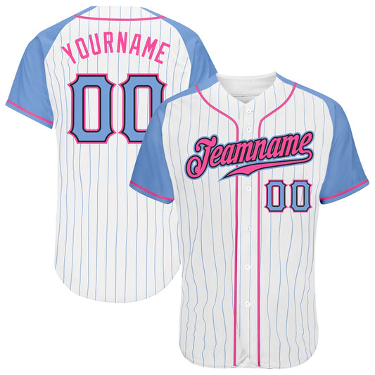Custom White Light Blue Pinstripe Light Blue-Pink Authentic Raglan Sleeves Baseball Jersey - Main View