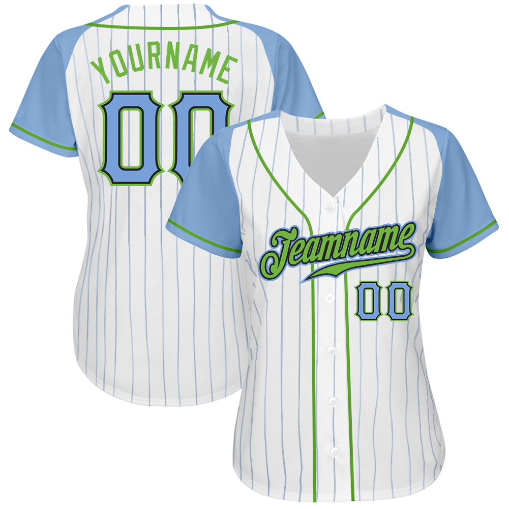 Custom White Light Blue Pinstripe Light Blue-Neon Green Authentic Raglan Sleeves Baseball Jersey view 2