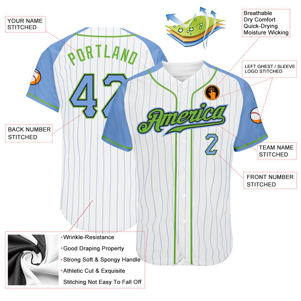 Custom White Light Blue Pinstripe Light Blue-Neon Green Authentic Raglan Sleeves Baseball Jersey view 3