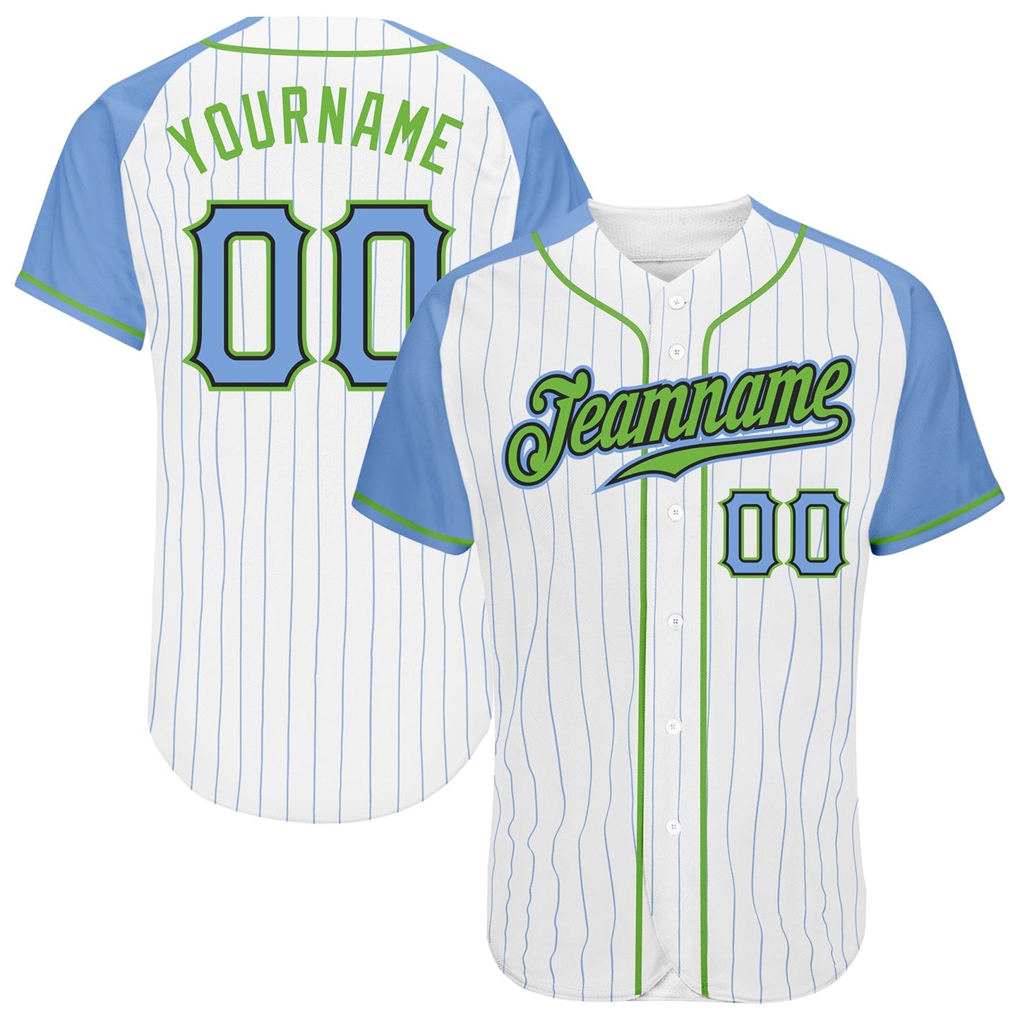 Custom White Light Blue Pinstripe Light Blue-Neon Green Authentic Raglan Sleeves Baseball Jersey - Main View
