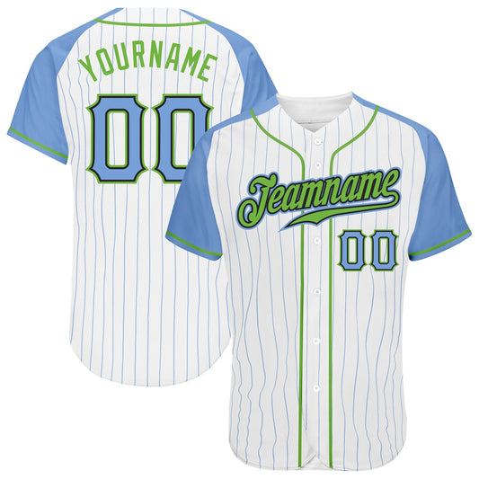 Custom White Light Blue Pinstripe Light Blue-Neon Green Authentic Raglan Sleeves Baseball Jersey - Main View