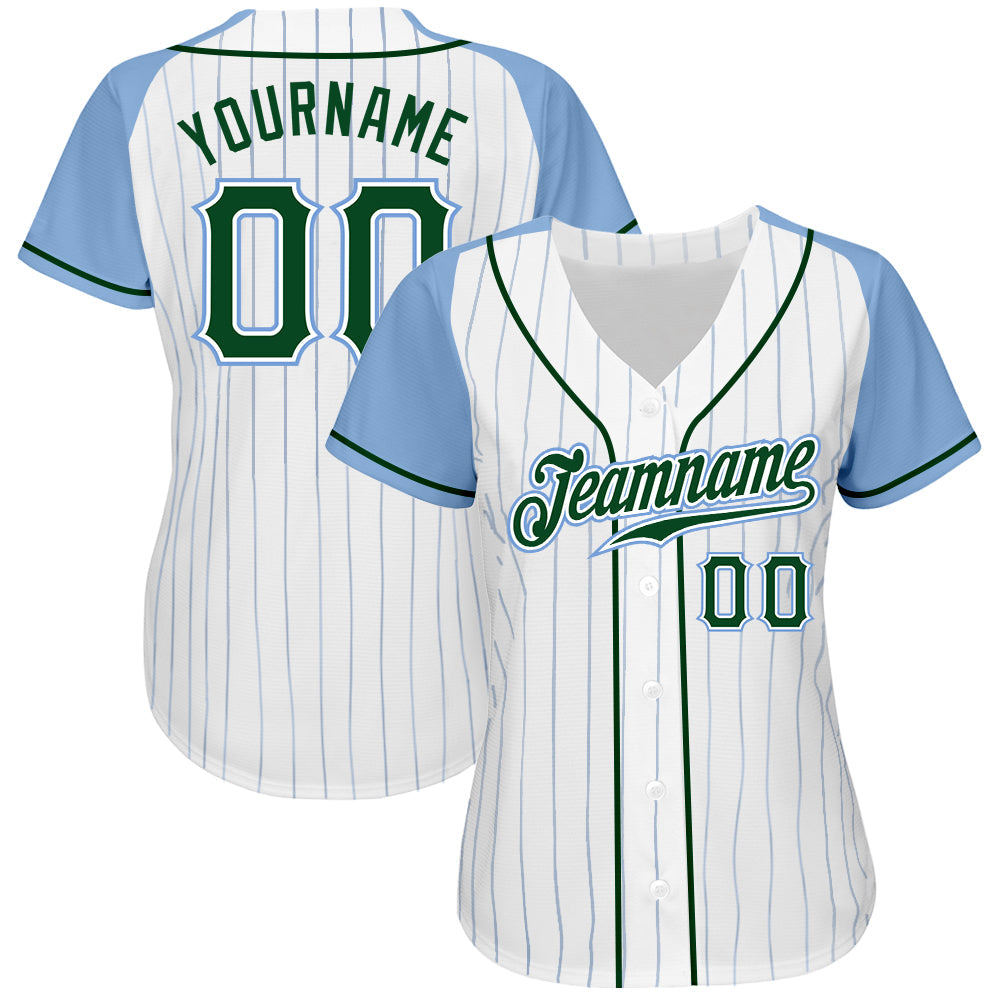 Custom White Light Blue Pinstripe Green-Light Blue Authentic Raglan Sleeves Baseball Jersey view 2
