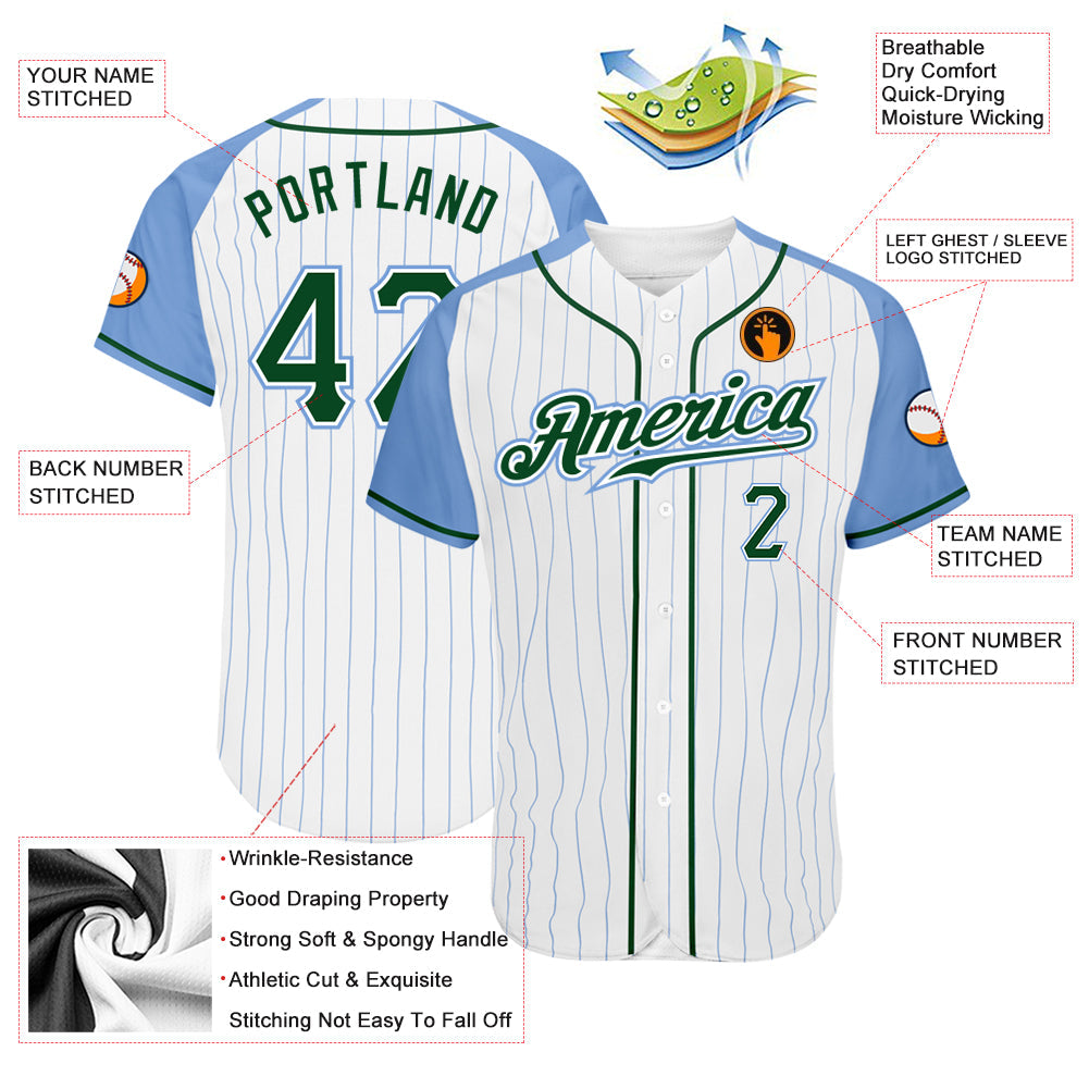 Custom White Light Blue Pinstripe Green-Light Blue Authentic Raglan Sleeves Baseball Jersey view 3
