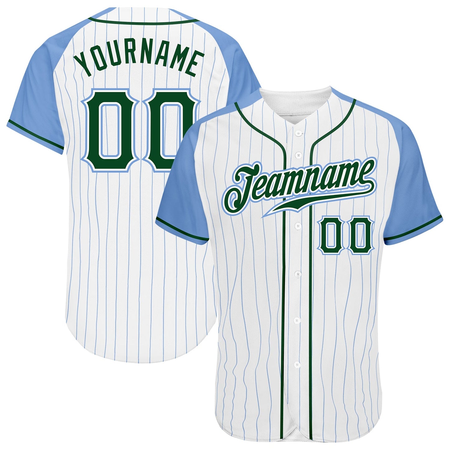 Custom White Light Blue Pinstripe Green-Light Blue Authentic Raglan Sleeves Baseball Jersey - Main View