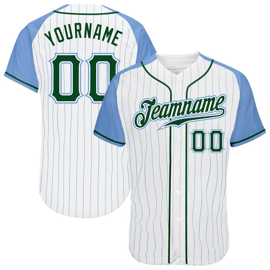 Custom White Light Blue Pinstripe Green-Light Blue Authentic Raglan Sleeves Baseball Jersey - Main View