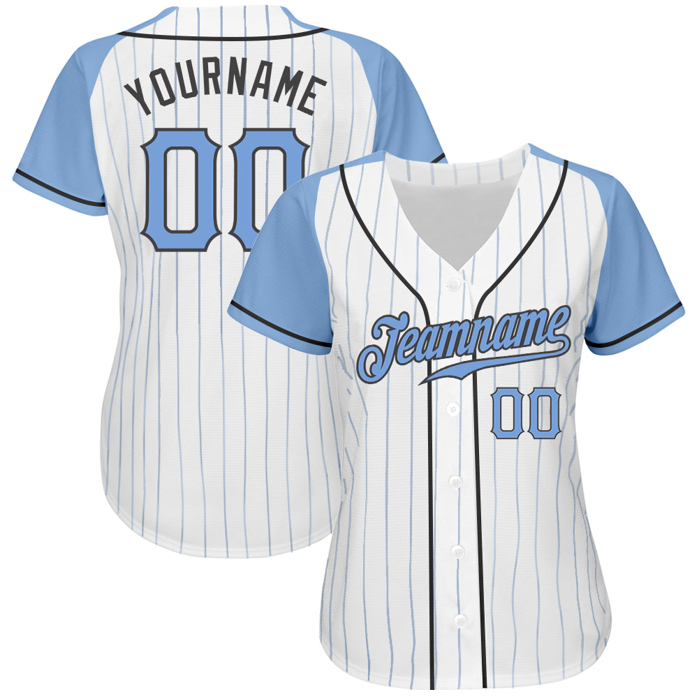 Custom White Light Blue Pinstripe Light Blue-Steel Gray Authentic Father's Day Raglan Sleeves Baseball Jersey view 2