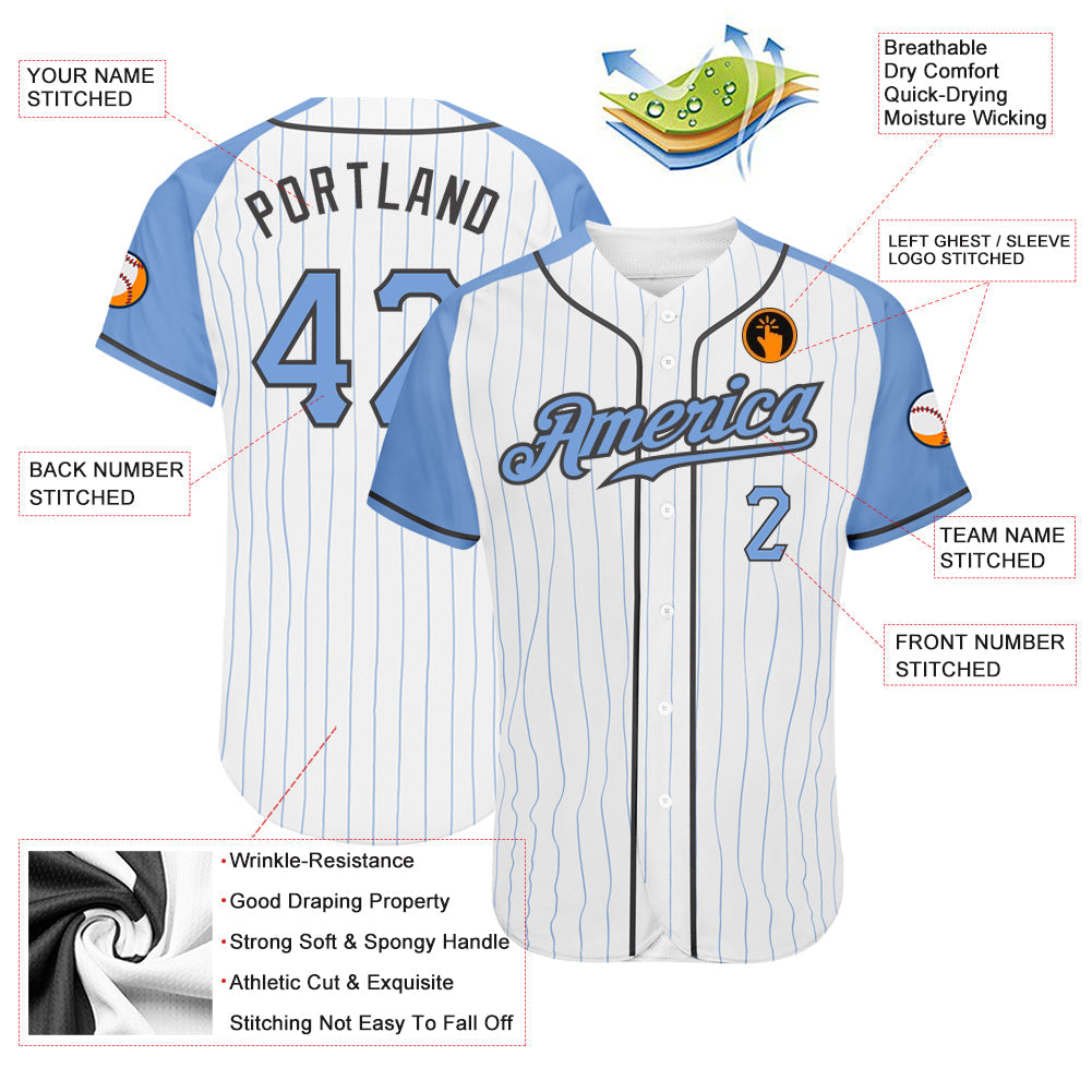 Custom White Light Blue Pinstripe Light Blue-Steel Gray Authentic Father's Day Raglan Sleeves Baseball Jersey view 3