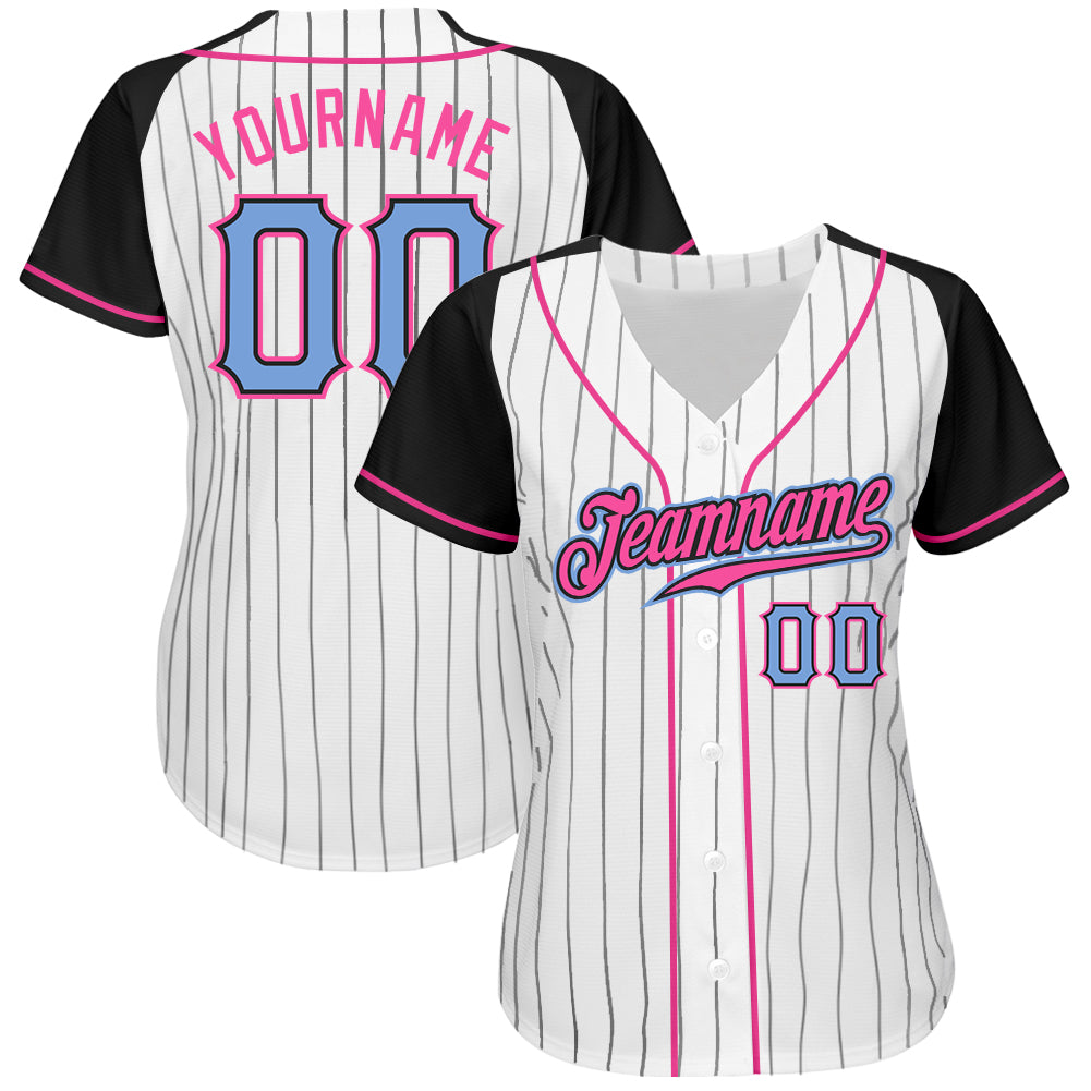 Custom White Black Pinstripe Light Blue-Black Authentic Raglan Sleeves Baseball Jersey view 2