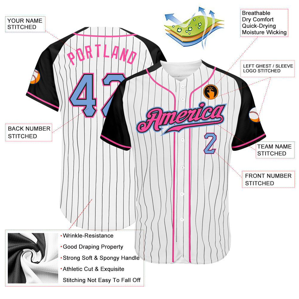 Custom White Black Pinstripe Light Blue-Black Authentic Raglan Sleeves Baseball Jersey view 3