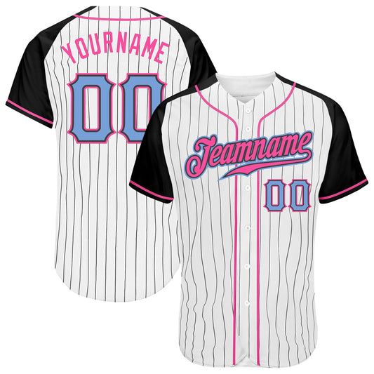 Custom White Black Pinstripe Light Blue-Black Authentic Raglan Sleeves Baseball Jersey - Main View