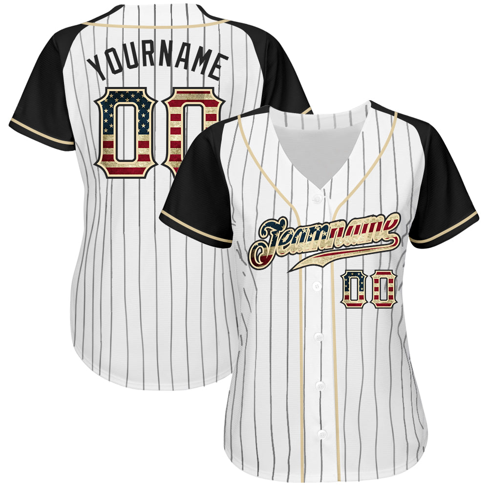 Custom White Black Pinstripe Vintage USA Flag-Black Authentic Raglan Sleeves Baseball Jersey view 2