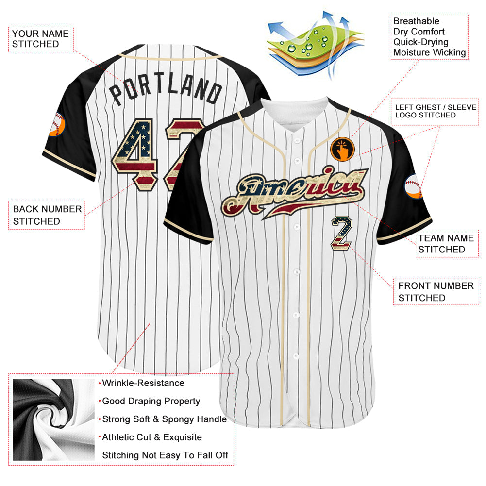 Custom White Black Pinstripe Vintage USA Flag-Black Authentic Raglan Sleeves Baseball Jersey view 3