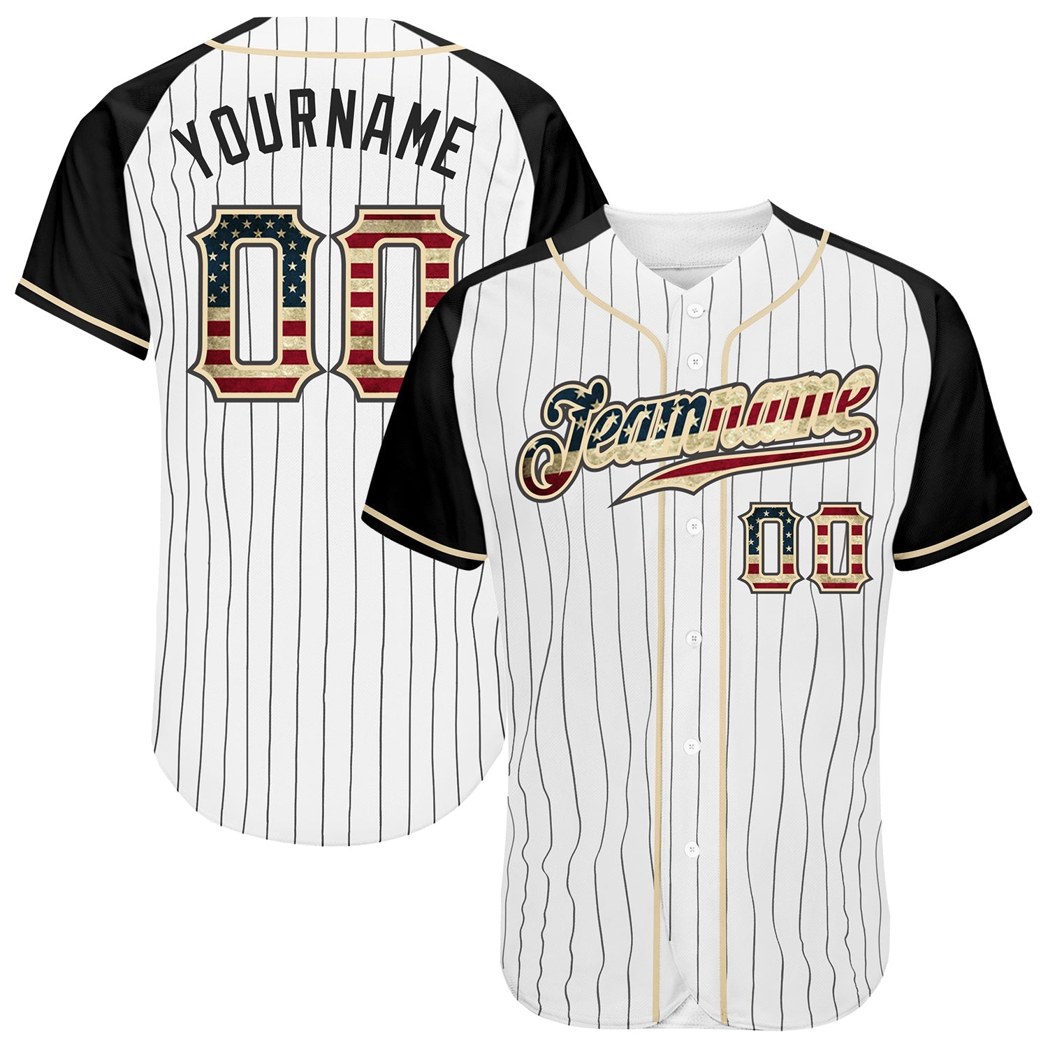Custom White Black Pinstripe Vintage USA Flag-Black Authentic Raglan Sleeves Baseball Jersey - Main View