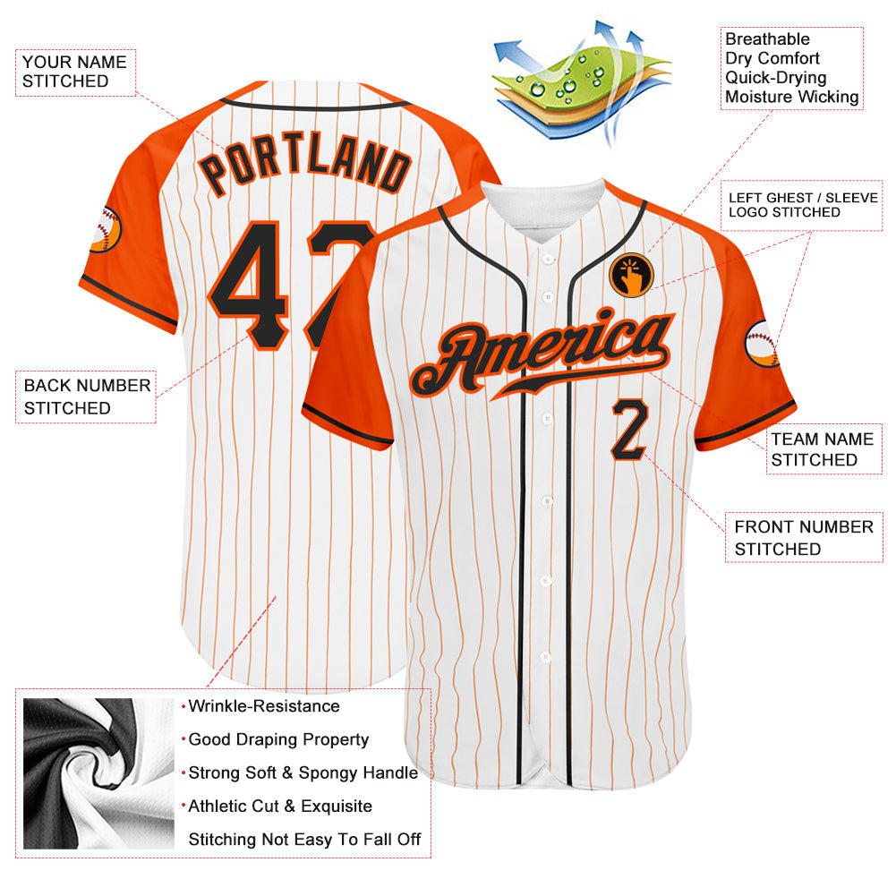 Custom White Orange Pinstripe Black-Orange Authentic Raglan Sleeves Baseball Jersey view 3