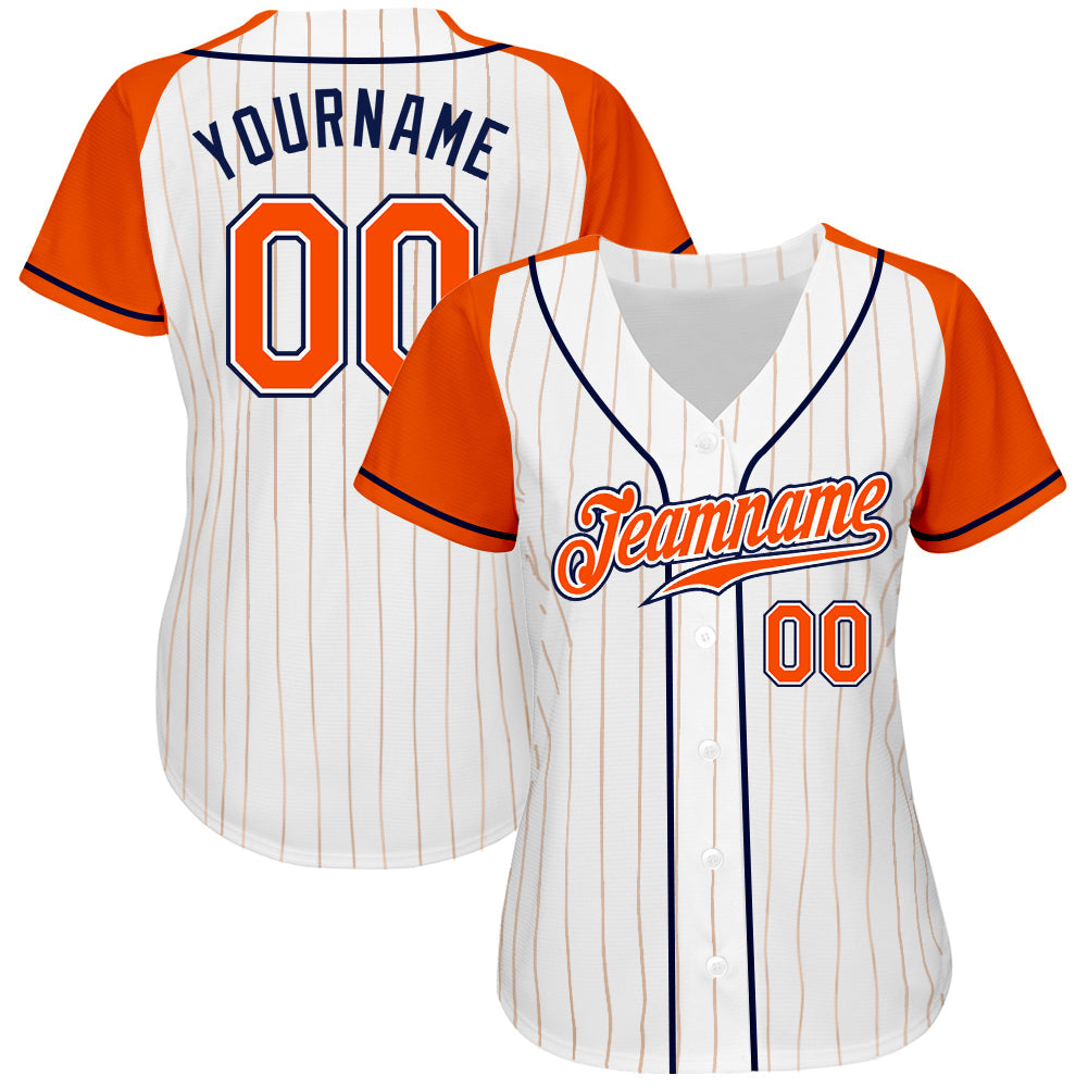 Custom White Orange Pinstripe Orange-Navy Authentic Raglan Sleeves Baseball Jersey view 2