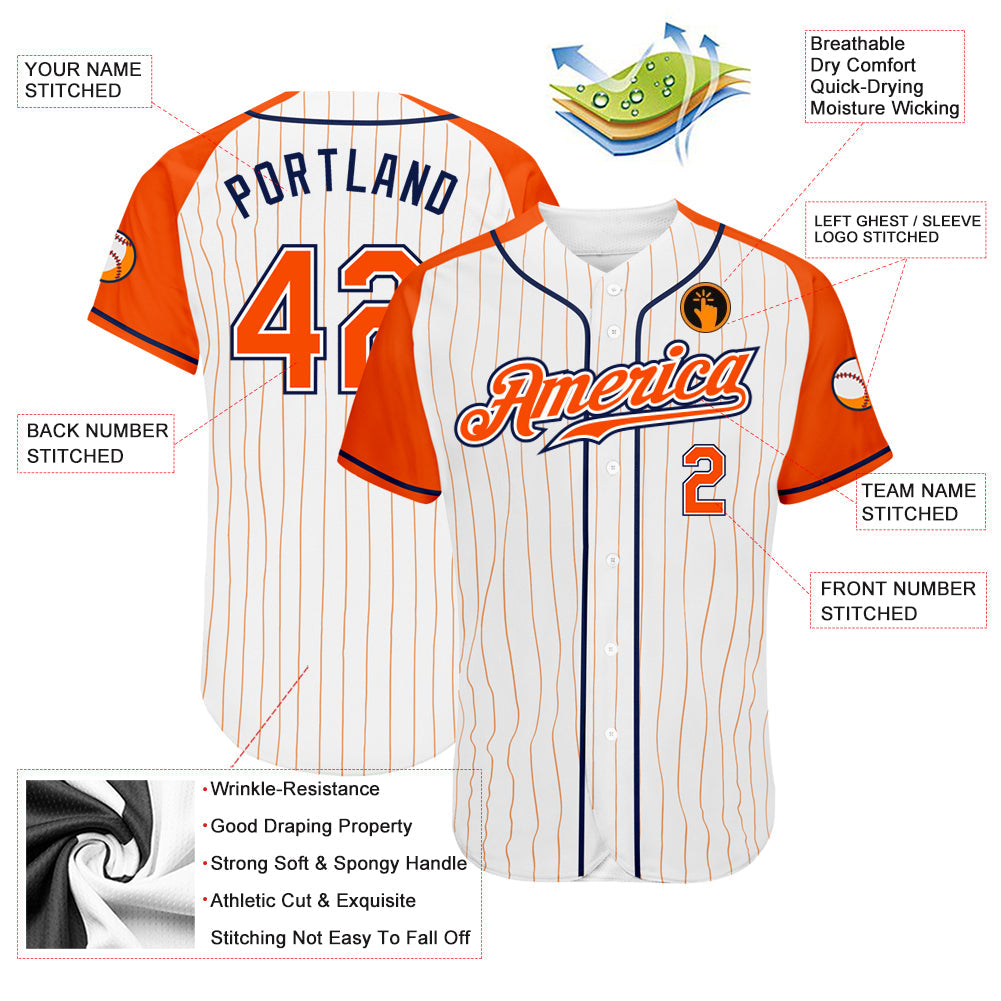 Custom White Orange Pinstripe Orange-Navy Authentic Raglan Sleeves Baseball Jersey view 3