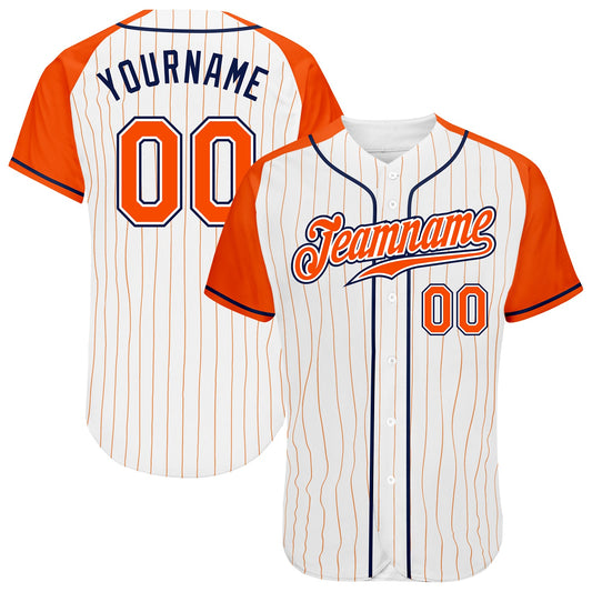 Custom White Orange Pinstripe Orange-Navy Authentic Raglan Sleeves Baseball Jersey - Main View
